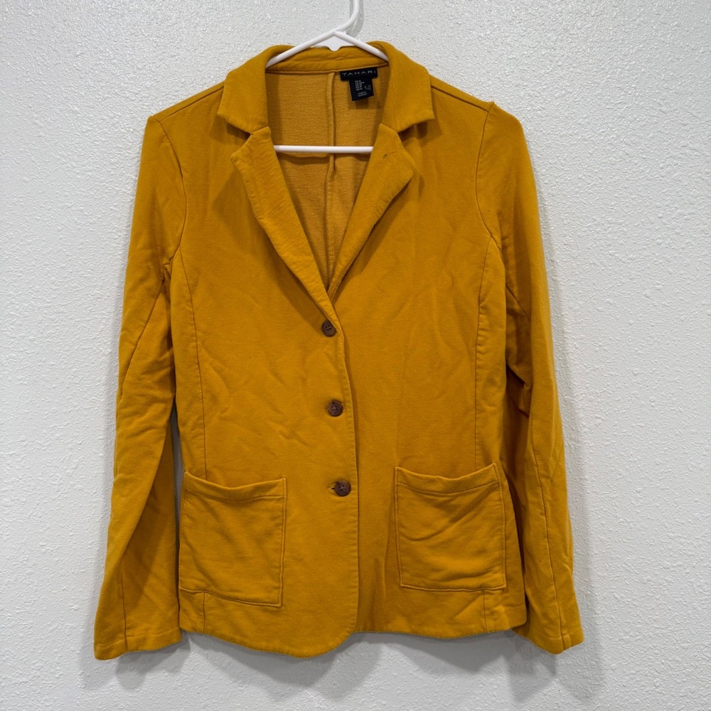 Tahari Womens Mustard Yellow Knit Blazer Jacket Medium 3‎ Button Pocket Stretch